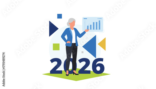 Senior business leader presenting future financial projections and growth data for the year 2026