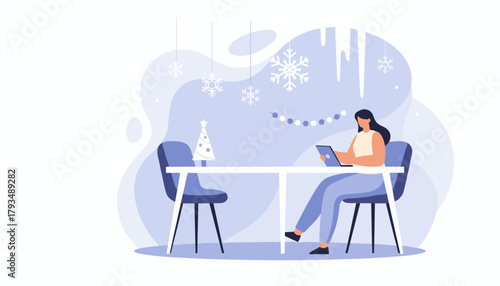Woman working remotely on a laptop at a festive desk decorated with winter snowflakes and Christmas ornaments