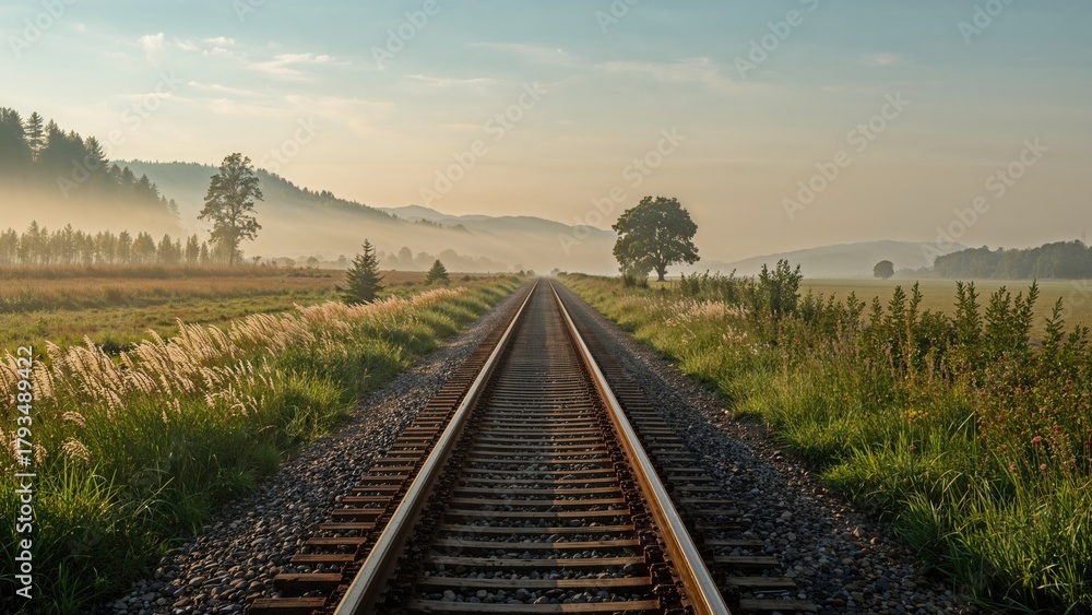Obraz premium A railway track stretching into the distance through a lush green landscape at sunrise or sunset, with trees and hills in the background.