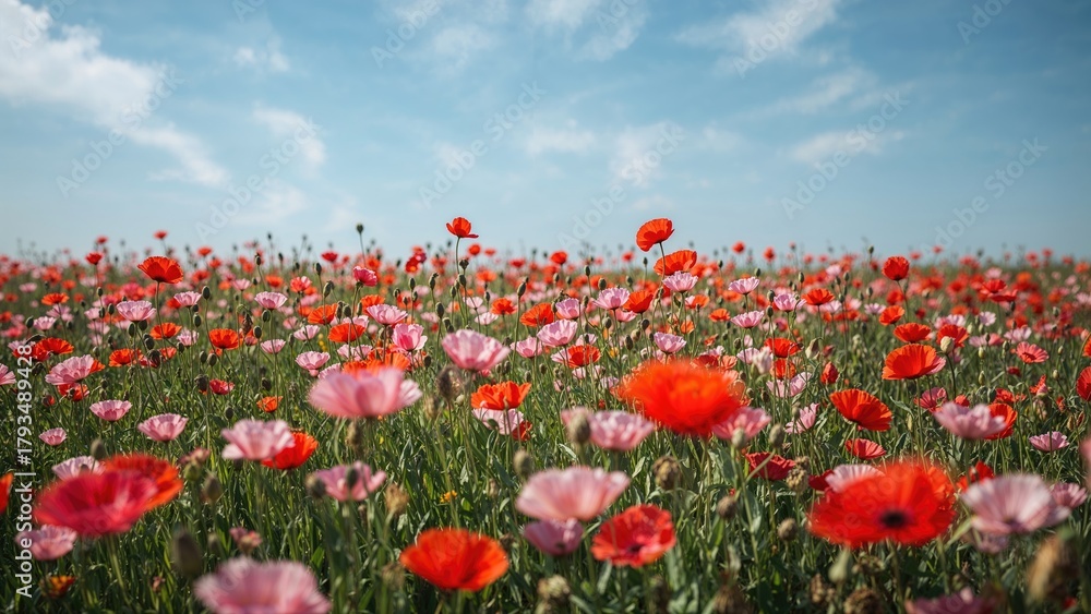 Fototapeta premium Vibrant flower field with red, pink, and orange blossoms under a blue sky with clouds