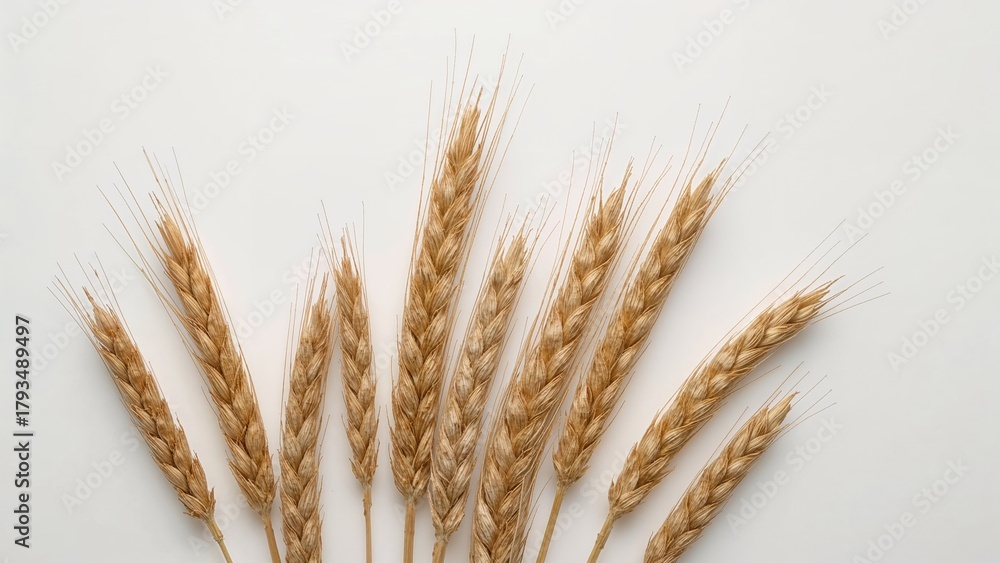 Fototapeta premium Wheat stalks arranged on a white background.