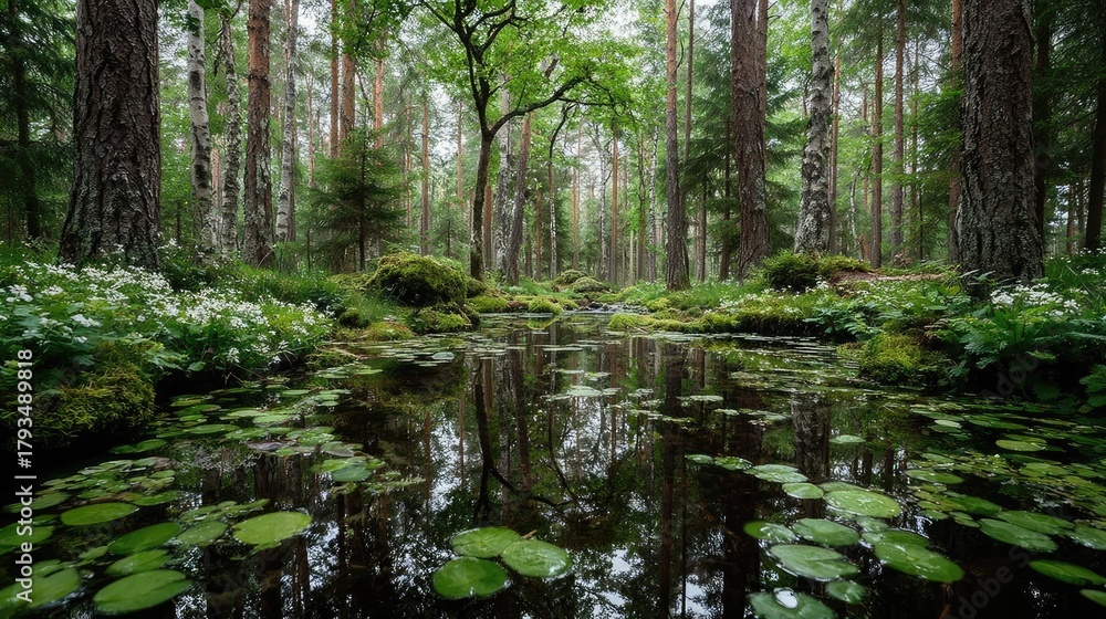 Obraz premium Serene Forest Pond - Tranquil Reflection of Lush Greenery.