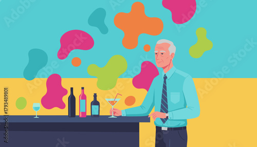 Senior man having a cocktail at a vibrant bar Leisure happy retirement or business networking illustration