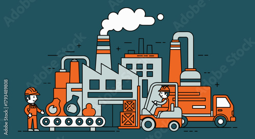 Manufacturing process illustration workers conveyor belt forklift and delivery truck at a factory