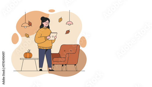 Frowning woman using digital tablet in cozy fall home autumn frustration concept