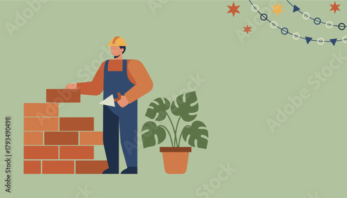 A bricklayer builds a wall with a trowel wearing safety gear Construction industry illustration