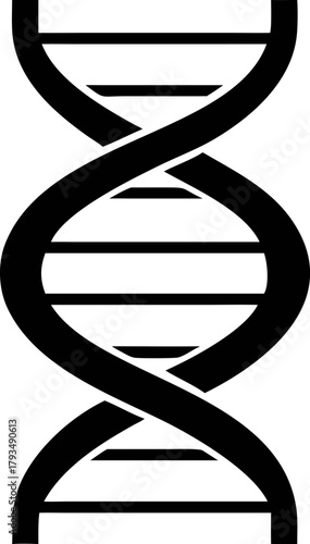 Minimalist solid dark vector art showcasing a simplified DNA double helix, a black silhouette icon representing genetics and biology