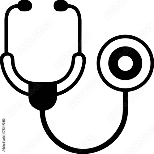 Simplified stethoscope icon in a solid dark vector style. Flat medical equipment symbol for healthcare and diagnosis eps