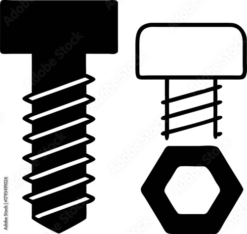 Solid and outline bolts with a hexagonal nut, depicting essential industrial fastening hardware elements in a clean vector icon style