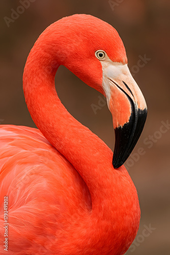 Elegant portrait of a vibrant pink flamingo with curved neck.