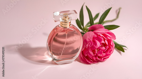 Pink perfume bottle with clear cap and blooming peony flower