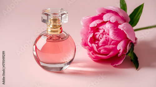 Pink perfume bottle and peony flower on a soft pink background
