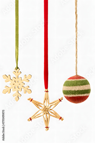 Rustic Christmas ornaments: snowflake, straw star, woven ball