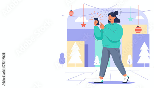 Happy woman takes photo on smartphone in festive city setting connecting online and enjoying holidays