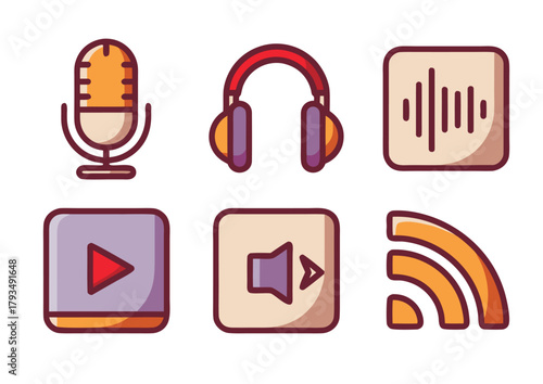 Modern media icons - microphone, headphones, sound wave, play button, volume, and RSS; cartoon UI pack for audio, podcast, and streaming