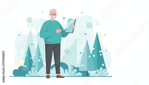 Illustration of a modern elderly man using a tablet in a stylized winter landscape