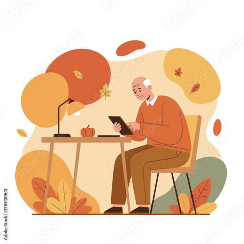 Sad senior man sitting at a desk using a tablet struggling with technology in autumn