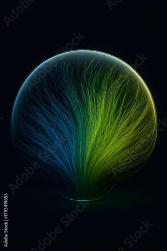 Abstract flowing lines in vibrant blue green gradient contained sphere