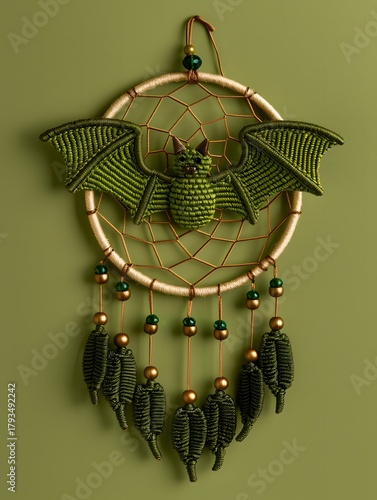 Intricate green macrame bat wall hanging with gold beads and red accents on green background for luxury halloween decoration and creative bohemian textile art.