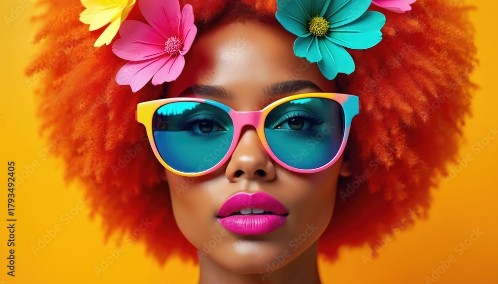 Fototapeta premium Close-up portrait of young woman with vibrant orange afro hair. She wears colorful sunglasses and bright pink lipstick with tropical flowers in her hair. The background is a solid warm yellow.