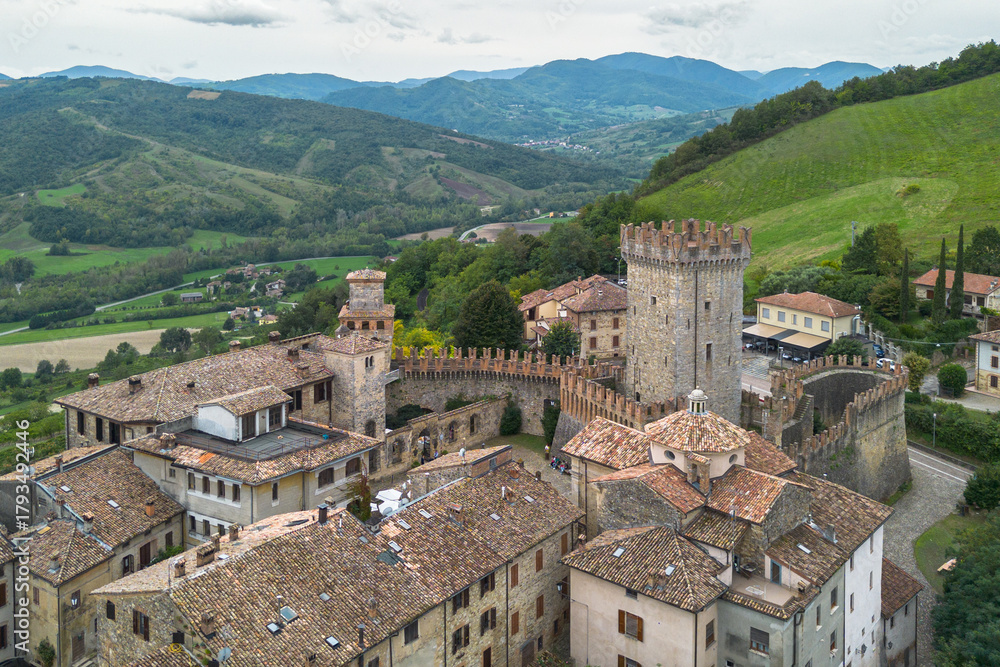 Fototapeta premium Aerial view of Vigoleno, one of the most beautiful villages in Italy, Emilia-Romagna region