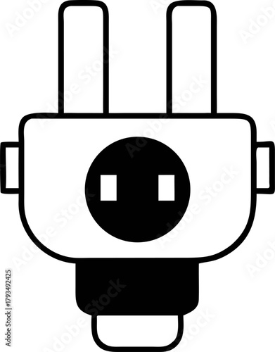 Black and white illustration of a universal power adapter plug with adapter prongs and socket holes, representing electrical connectivity and travel convenience