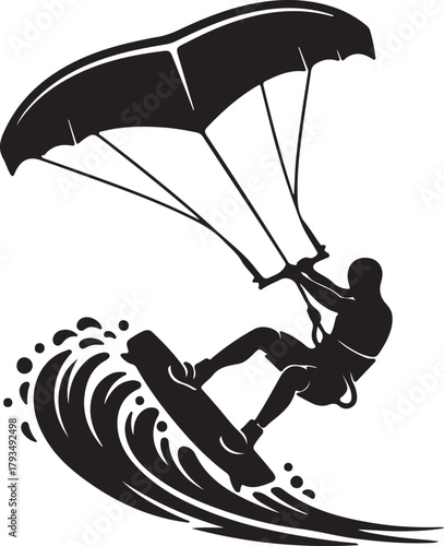 Black silhouette of a kitesurfer riding a wave with a large kite kitesurfing water on transparent background