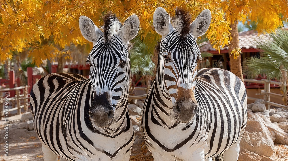 Obraz premium Two Zebras Standing Together in a Sunny Environment.