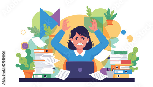 Angry businesswoman yelling overwhelmed by massive paperwork and deadlines at her office desk