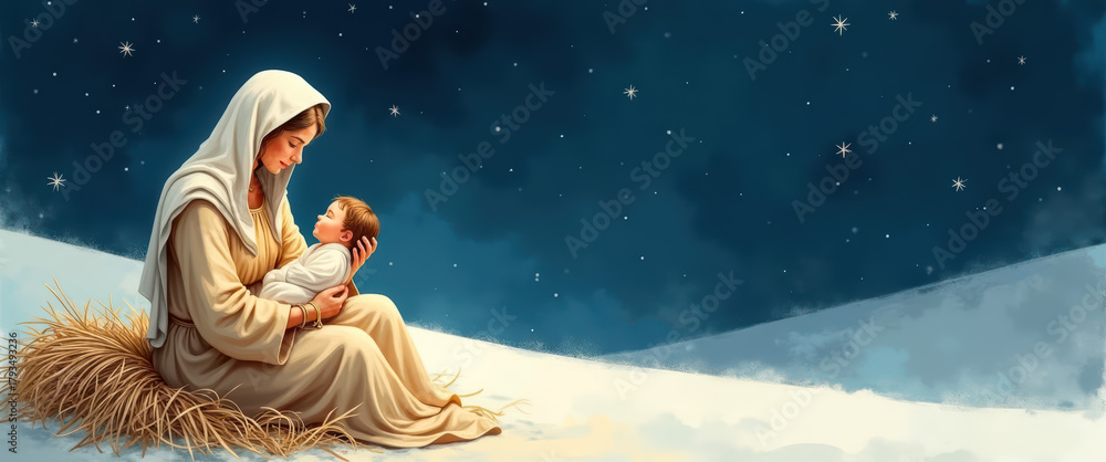 Obraz premium Virgin Mary holding baby Jesus Christ in snowy night, Christmas nativity scene, illustration for religious holiday