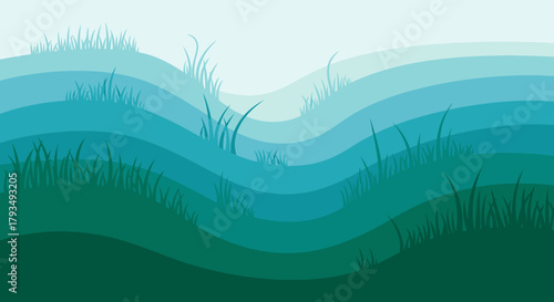 Abstract Green Blue Wavy Landscape with Grass Silhouettes.