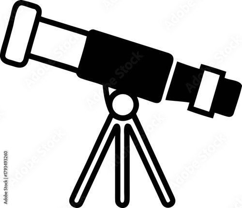 Silhouette of a telescope on a tripod, a classic scientific instrument used for observing distant objects in space and on Earth