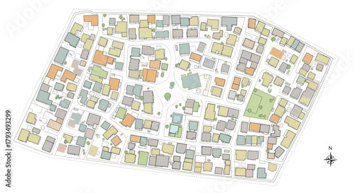 Aerial View of a Dense Urban Neighborhood with Colorful Buildings.