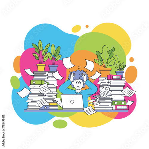Overwhelmed worker stressed by excessive paperwork and deadlines Clipart illustration