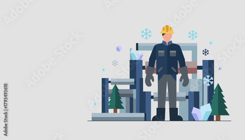Industrial worker in winter gear standing by machinery and ice crystals Flat vector illustration