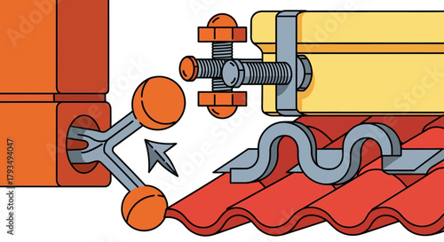 Detail of a roof tile fixing system with a brick wall connection.