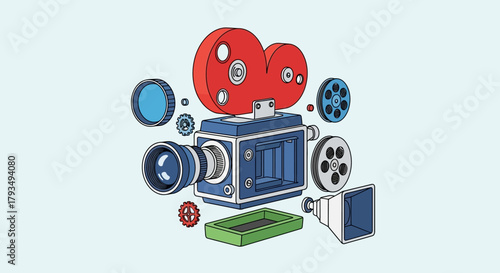 Deconstructed vintage movie camera with separate parts illustration.