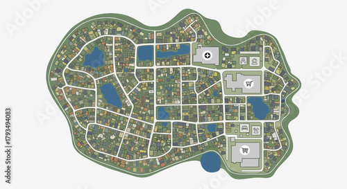 Detailed City Map with Lakes and Green Spaces.