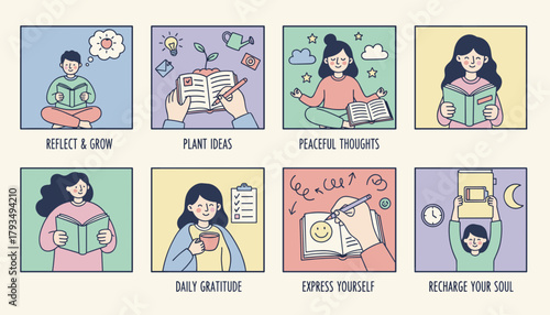 Daily selfcare routine illustration set reading meditation journaling gratitude and reflection for wellness