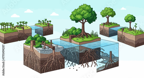 Ecosystem Cross-Section - Trees, Water, and Soil Interplay.