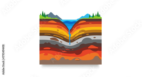 Geological Cross-Section of Earth Layers with River and Mountains.