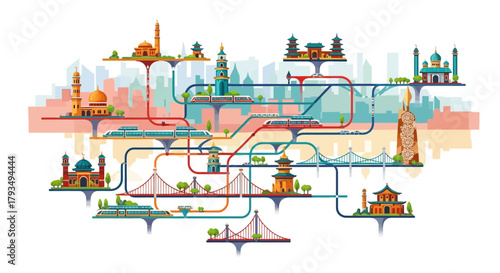 Global Cityscape Network with Famous Landmarks and Interconnected Routes.