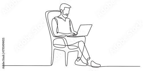 Continuous line drawing of a bearded man working on a laptop while comfortably seated on a chair, showcasing remote work, digital lifestyle, and minimalist design concept Vector