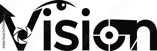 A minimalist black and white logo Vision incorporates camera lenses and an eye, creating a striking visual brand identity. Modern symbol representing photography.