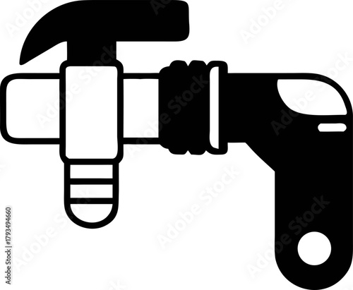 Simplified pipe wrench design, black solid vector, minimal icon concept, ideal for plumbing, construction, repair, and DIY projects