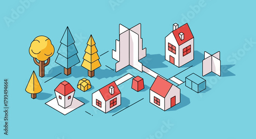 Isometric Papercraft Village Elements Collection.