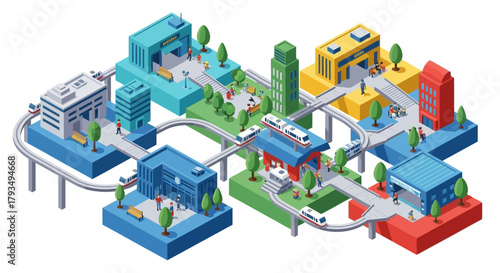 Isometric Smart City with Advanced Transportation Network.