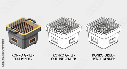 Konro Grill Render Styles - Flat, Outline, and Hybrid Views.