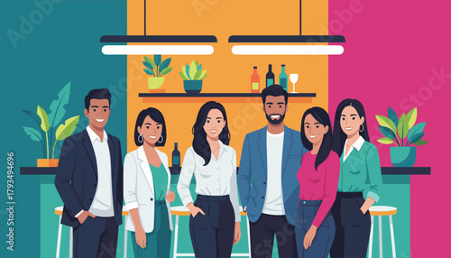 Smiling business people gather for a casual office break or afterwork happy hour