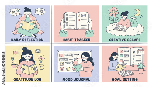 Mental wellness and selfcare journaling concepts reflection mood tracking habits and goals